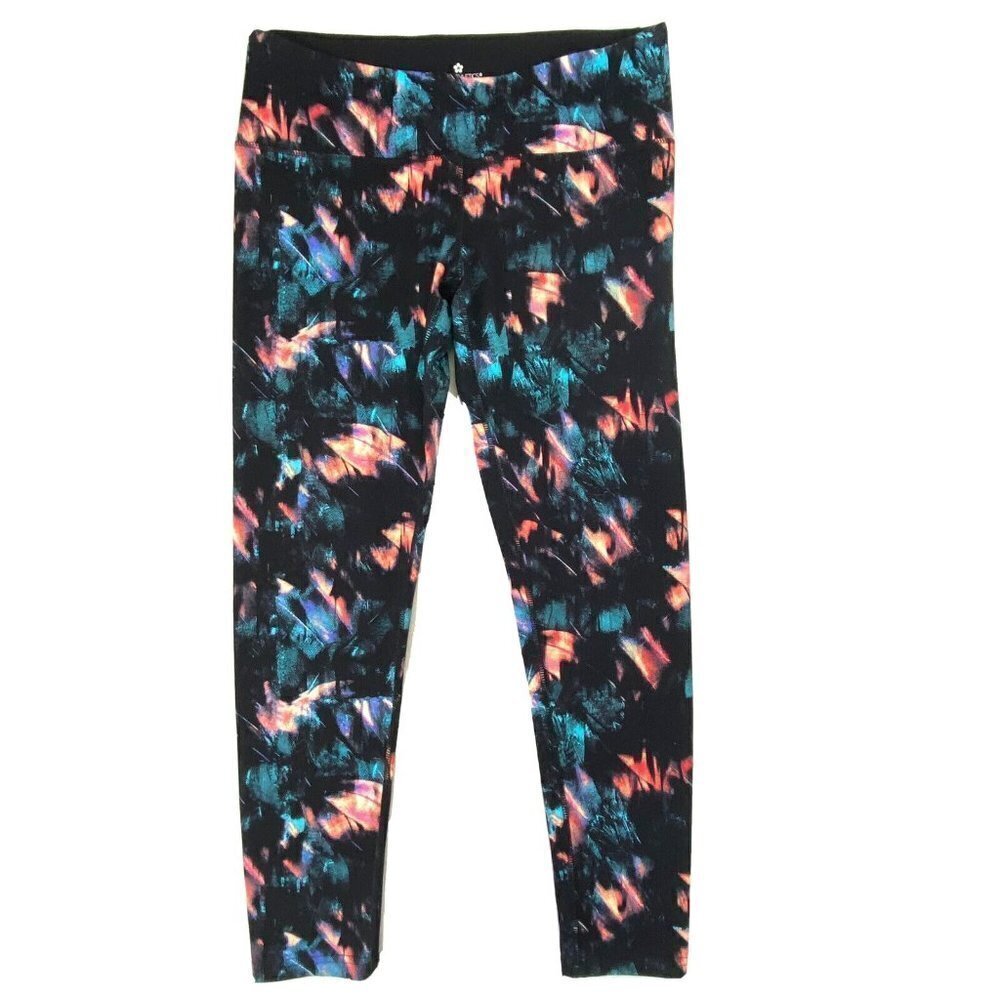 Tuff Athletics Mid Rise Leggings Womens size Medium Pull On 3/4 Leg Black Print